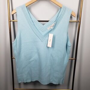 Pria Sleeveless Top Knit Womens Size XL Cotton Blend Blue V Neck New